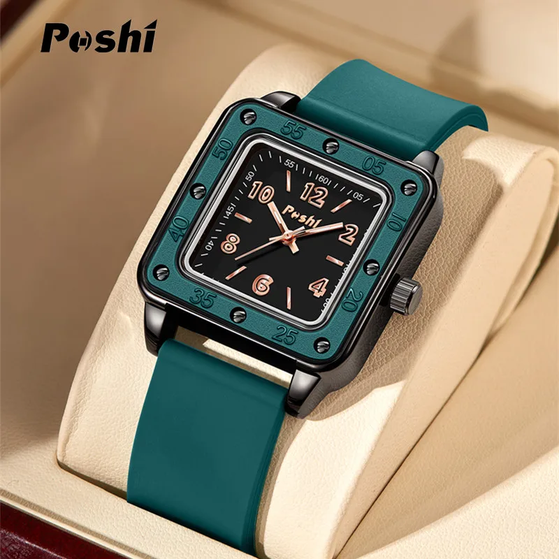 POSHI New Watch for Women Fashion Casual Quartz Wristwatches Silicone Strap Green Dial Women’s Business Watches Montre Femme