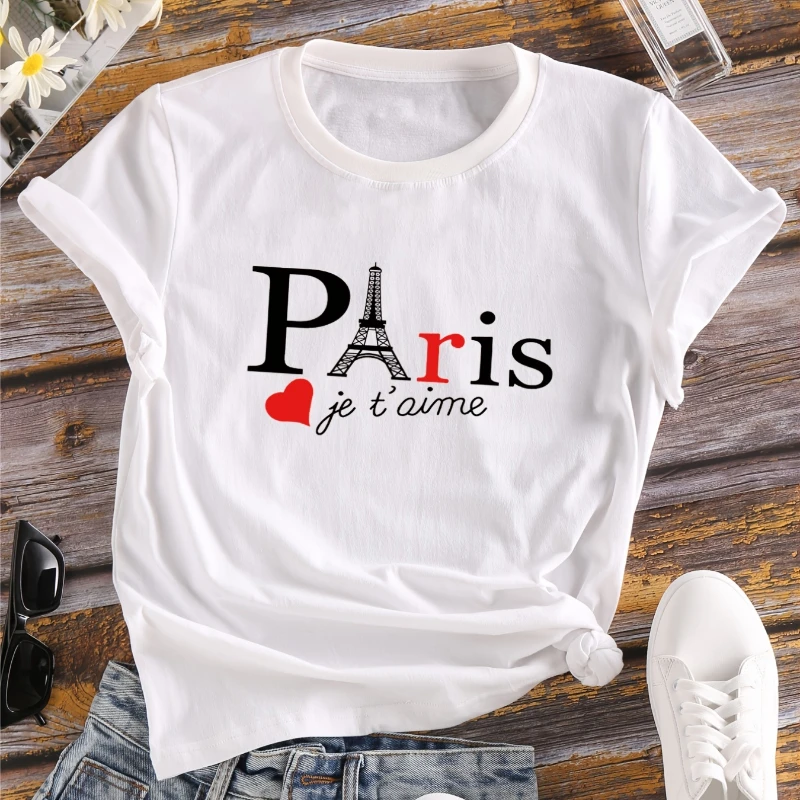 Paris Letter Print Crew Neck T-Shirt Casual Short Sleeve T-Shirt Casual Every Day Tops Women’s Clothing Graphic White Female Tee