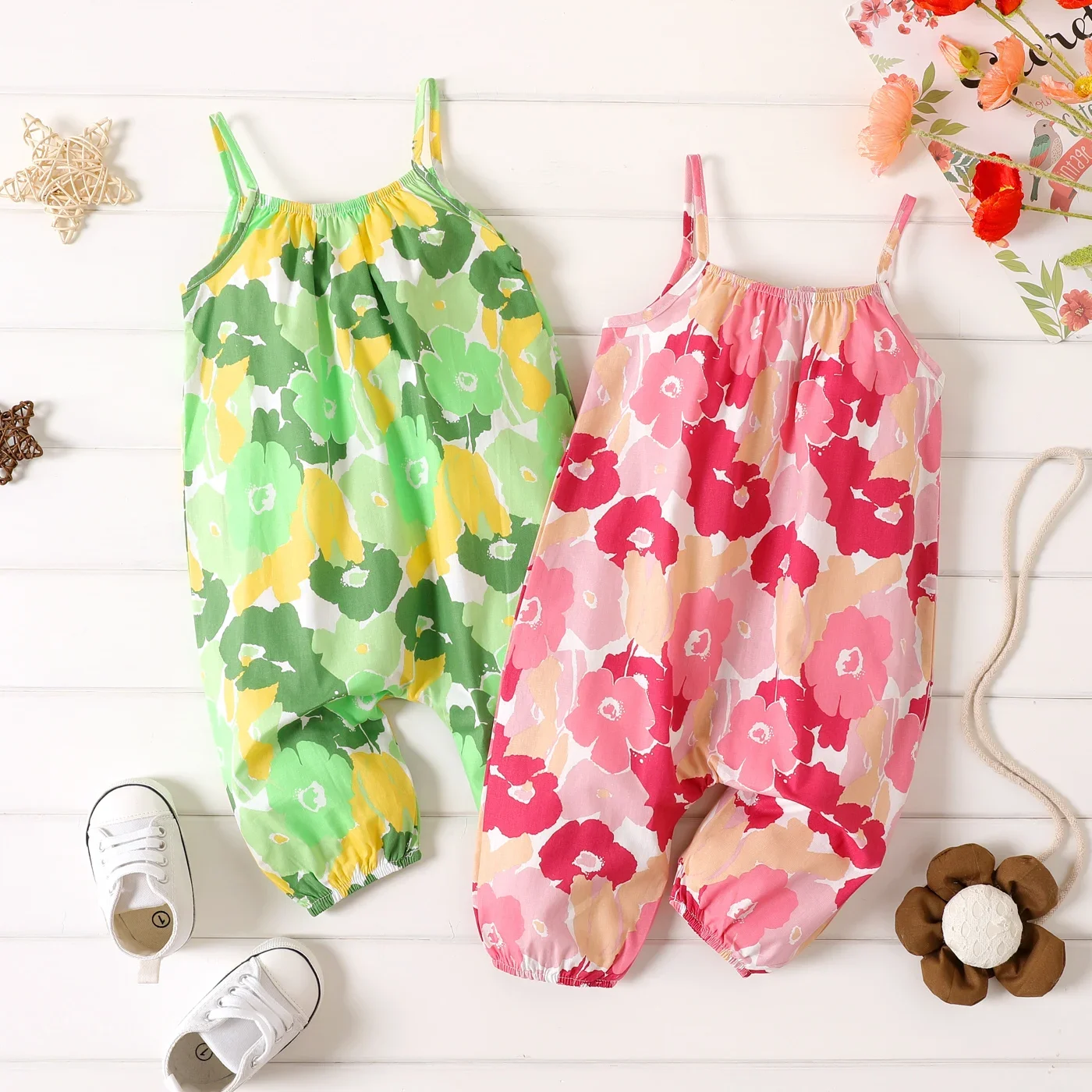 PatPat 100% Cotton Baby Girl All Over Floral Print Cami Jumpsuit Suitable for Summer Season Soft and Comfortable