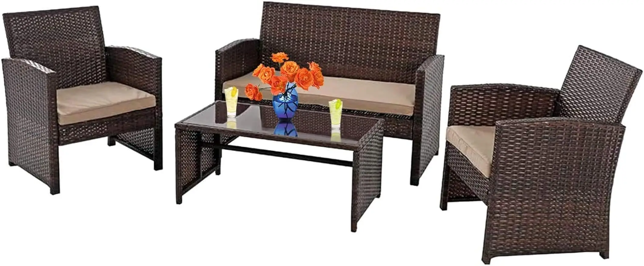 Patio 3/4 Pieces Rattan Wicker Conversation Sets Lawn Chairs Porch Poolside Balcony Garden Outdoor Furniture