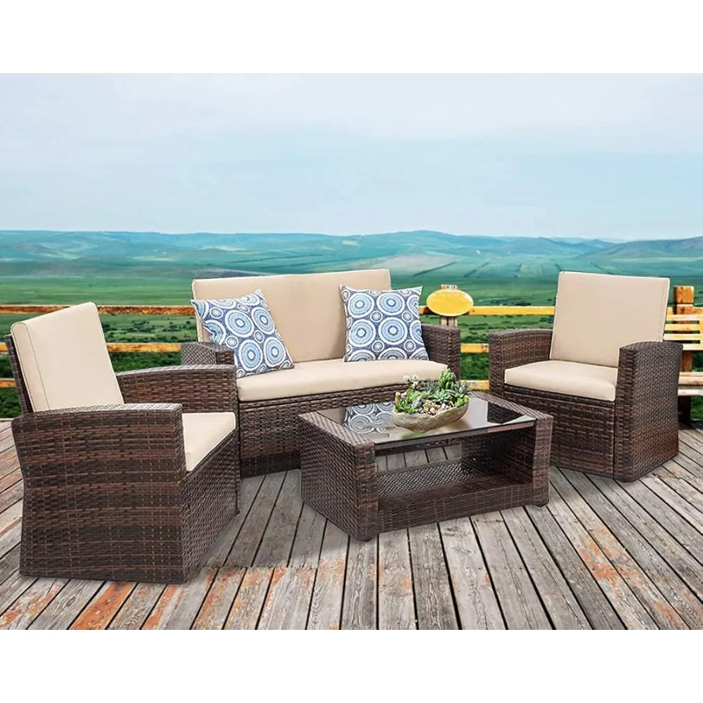 Patio Furniture Sets 4 Piece Rattan Chair Patio Sofas Wicker Sectional Sofa Outdoor Conversation