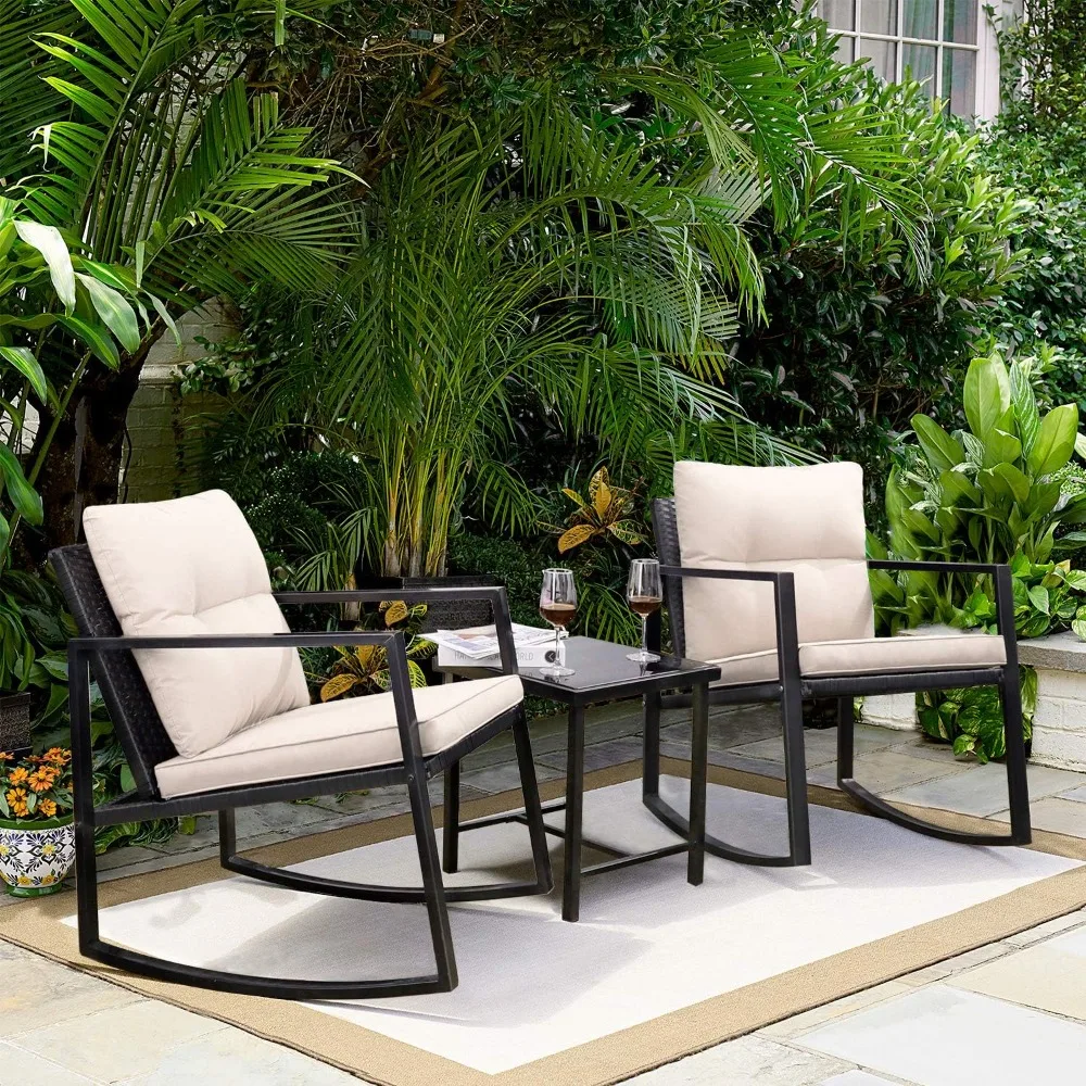 Patio Outdoor Furniture Conversation Sets With Porch Chairs and Glass Coffee Table 3 Pieces Rocking Wicker Bistro Set Garden