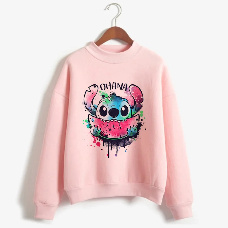 Pink Turtleneck Hoodie Disney Stitch Funny Women Harajuku Cute Lilo and Stitch Anime Sweatshirt Manga Streetwear Hoody Female