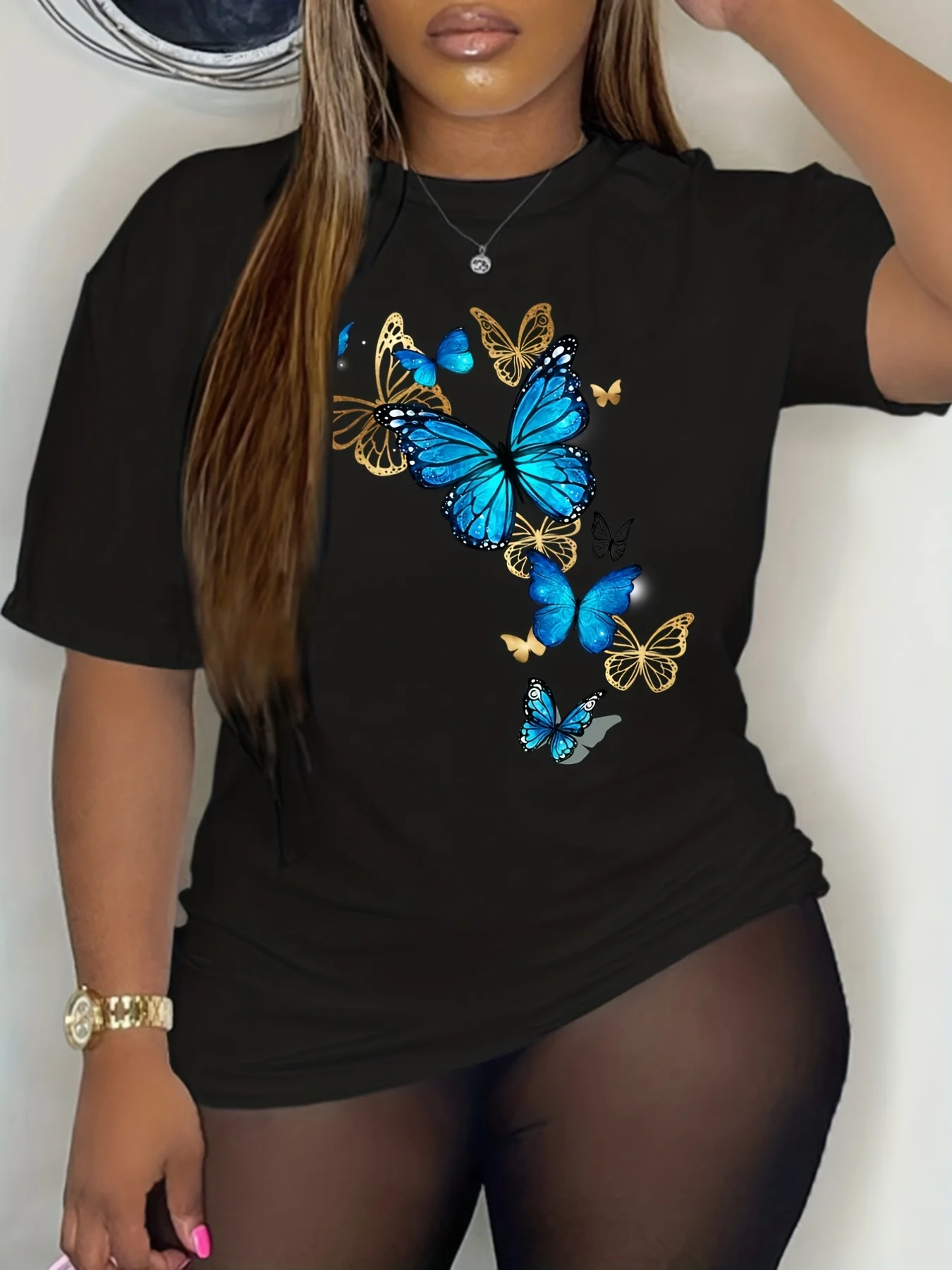 Plus Size Golden Butterfly Print Summer Short Sleeve Oversized 100 Cotton T-shirt, Women’s Plus Casual Pullover 2024 T-shirt