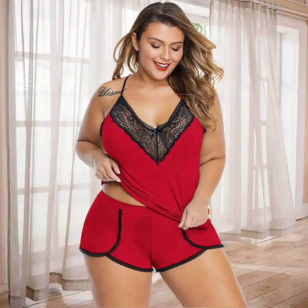 Plus Size Lace Camisole Tops+Short Pants 2023 Oversized Women’s Solid Sex Lingerie Set For Female Casual Underwear Sleepwear