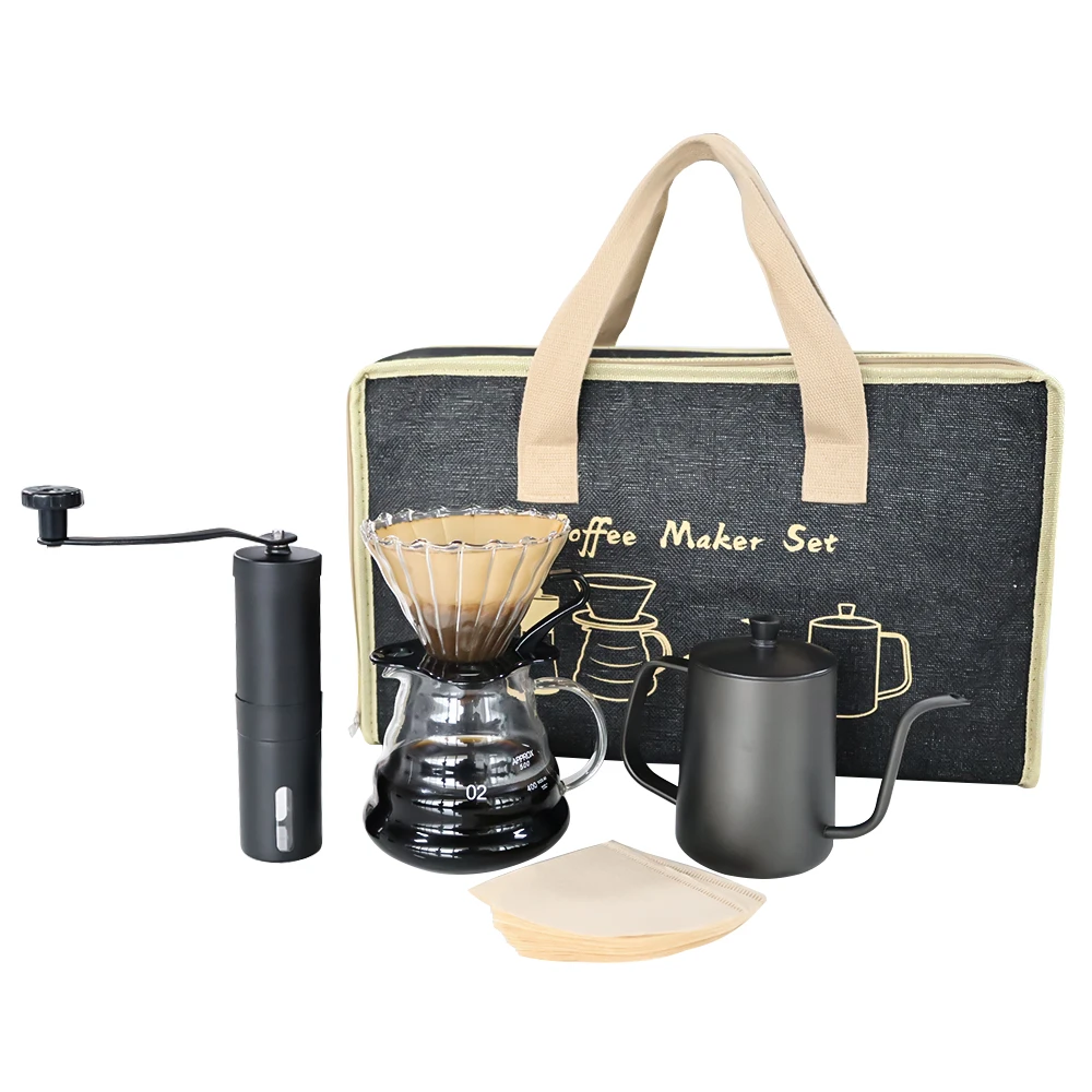 Pour Over Coffee Maker Set Coffee Dripper Server Sharing Coffee Kettle Manual Grinder Coffee Accessories for Home Outdoor