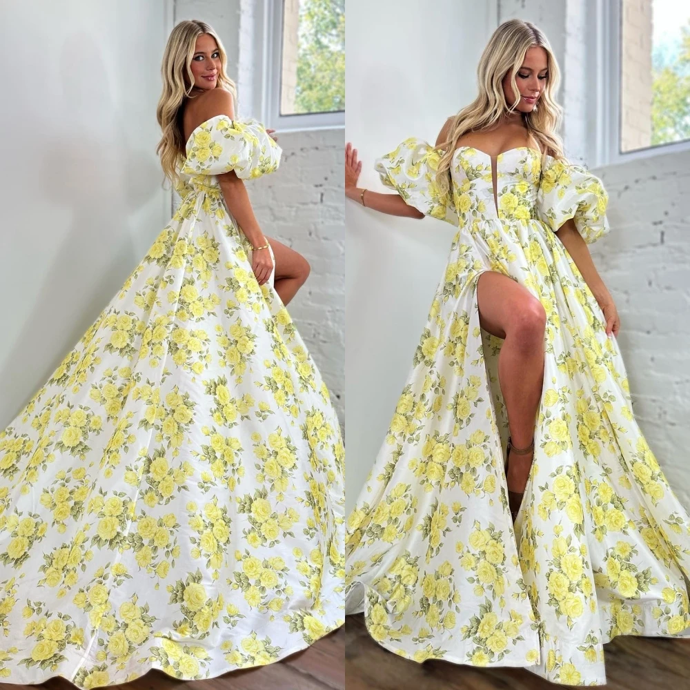 Print Floral Prom Dress Yellow Rose Winter Formal Evening Party Gown Special Occasion Pageant Golden Globe Award