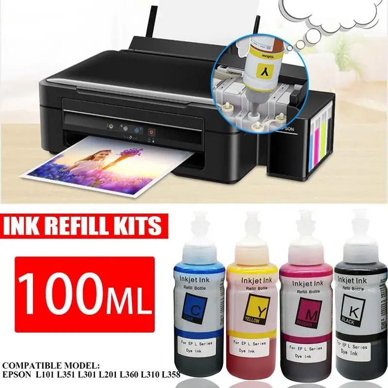 Printer Dye Ink Refill 100mlUniversal Dye Ink For Epson Epson Inkjet Printer With Refilable Cartridge Quick Drying Ink Refil Kit