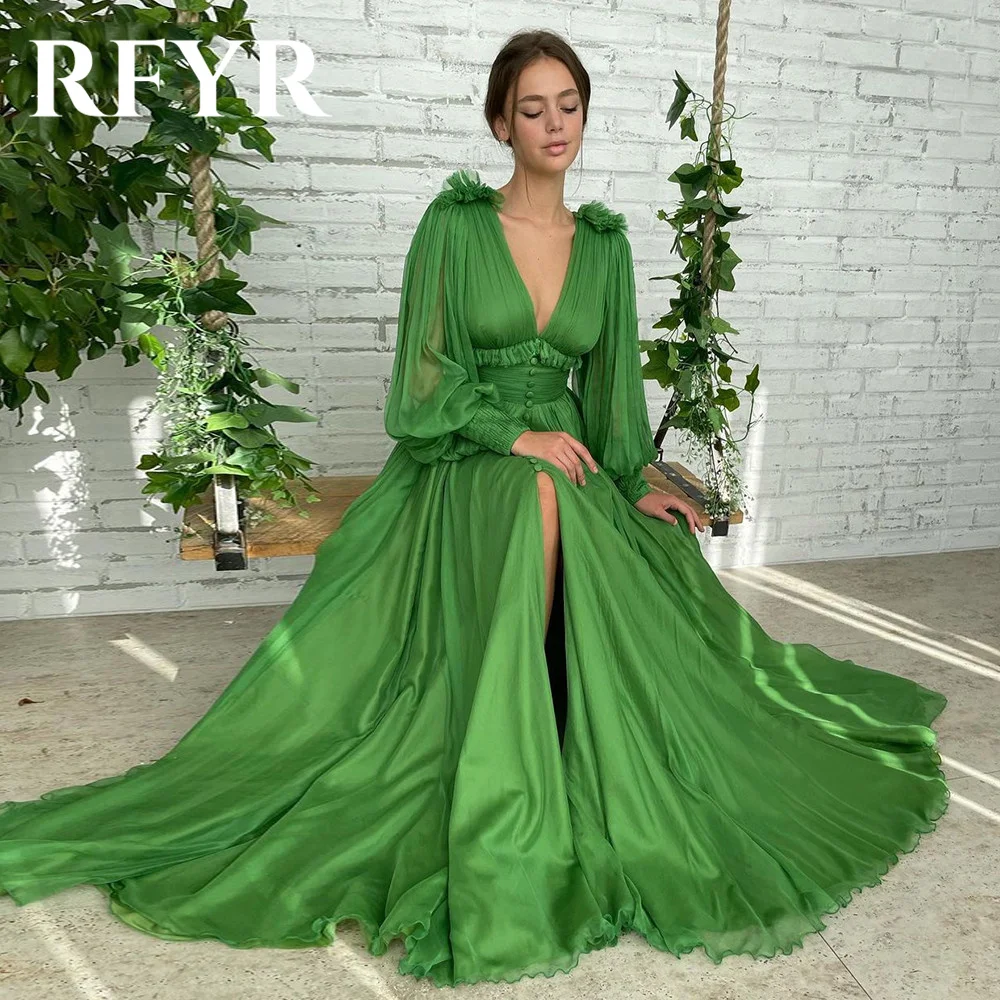 RFYR Green V Neck Formal Dresses Pleat Party Dress For Wedding Chiffion Puffy Sleeves Special Occasion Dresses robe soirée