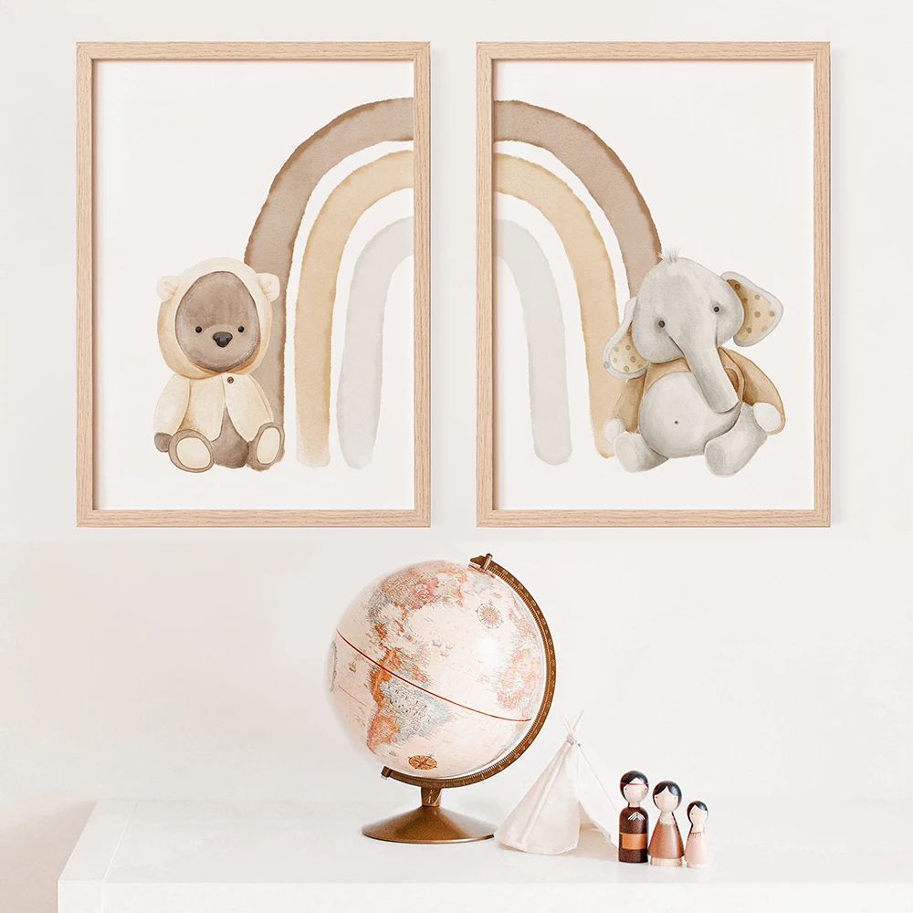 Rainbow Nursery Poster Little Bear Art Print Cute Baby Elephant Canvas Painting Modern Neutral Wall Picture Kids Room Home Decor