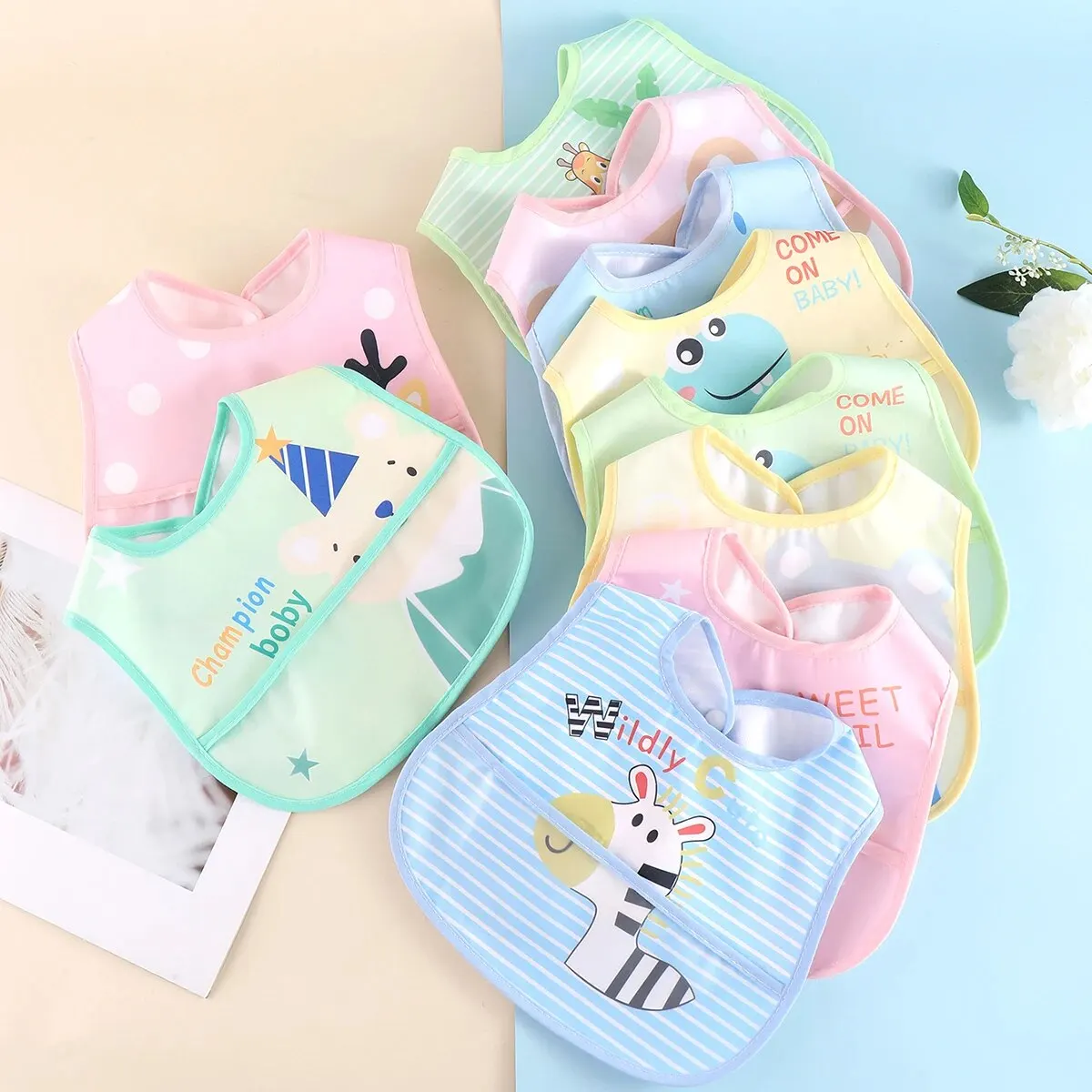 Random 5pcs Cartoon Animals Waterproof Bibs Baby Kids Girls Boys Waterproof Saliva Toddler Feeding Bibs Baby Bibs Aprons Adjusab