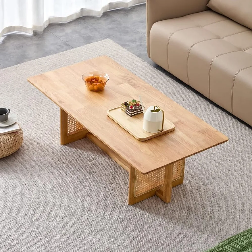 Rattan Coffee Table Rectangular Solid Wood Coffee Table With Cross Table Legs for Living Room FurnitureFreight Free Side Tea