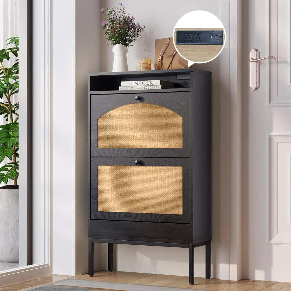 Rattan Shoe Cabinet With Charging Station Shoes Organizer Hallway Living Room Shoe Storage Cabinet With 2 Flip Drawers Furniture