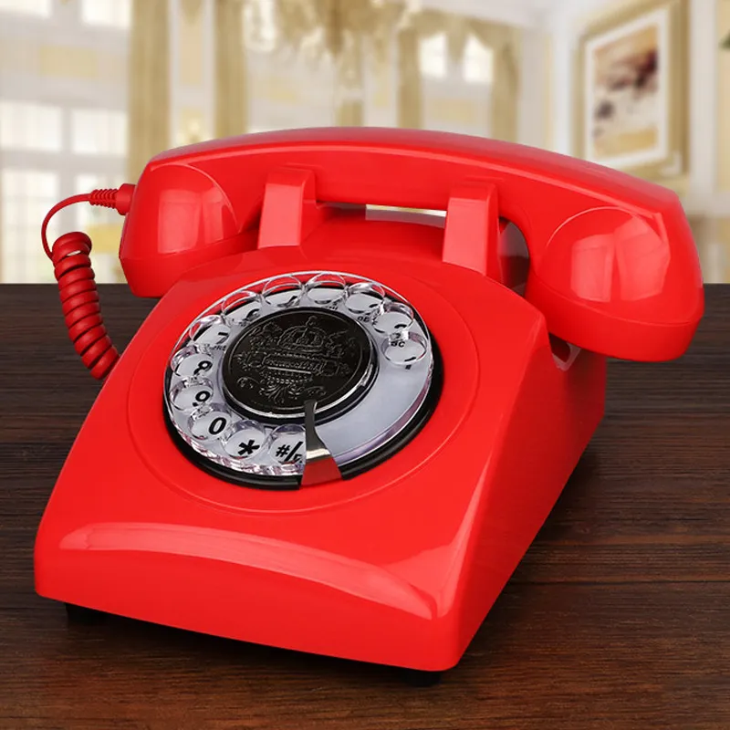 Red Corded Telephone, Classic Rotary Dial Home Office Phones, Antique Vintage Telephone of 1930s Old Fashion Telephone