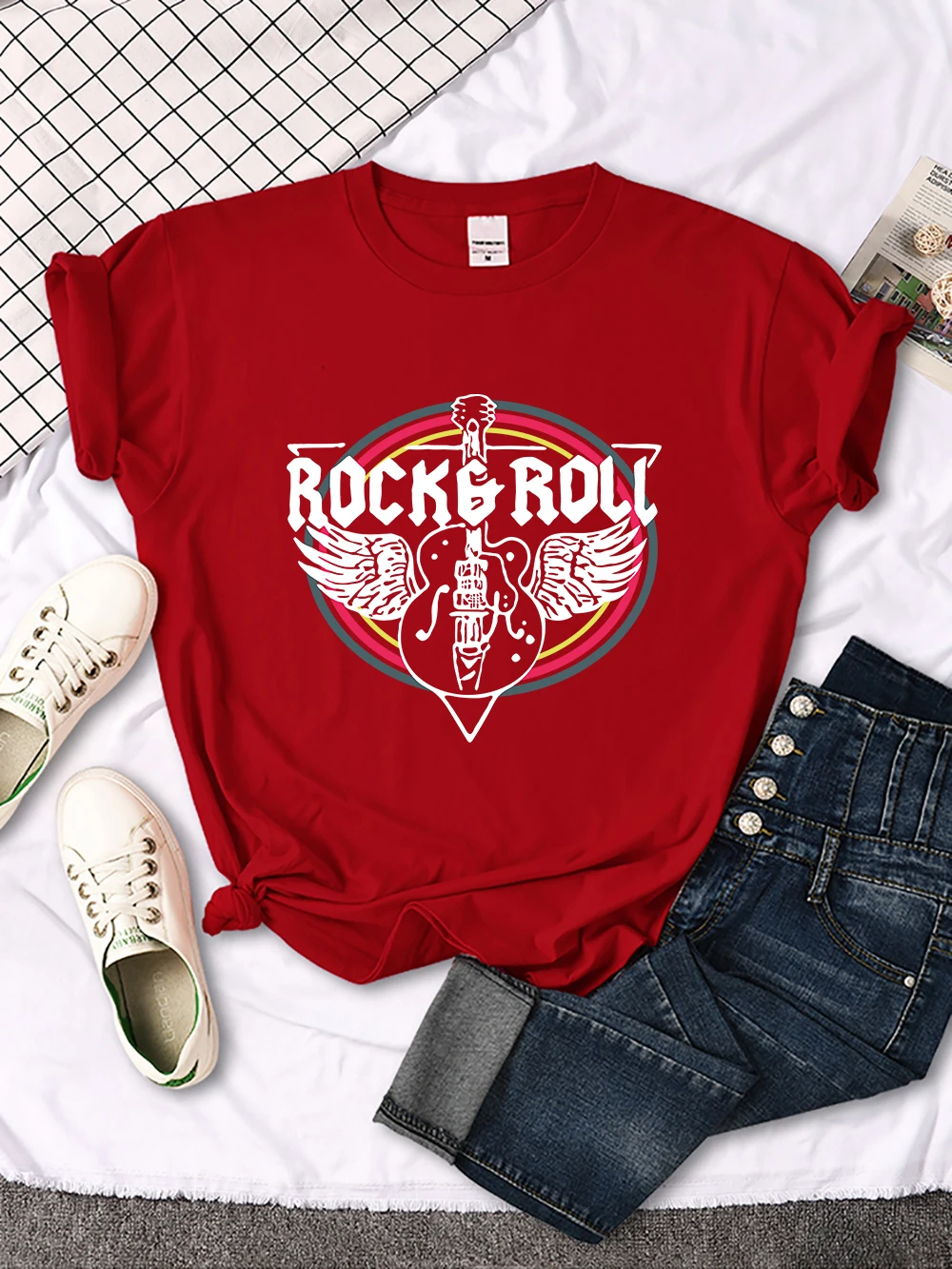 Rock Roll Electric Guitar Printed T-Shirt Women Casual Comfortable Tops Breathable Cool Short Sleeve O-Neck Street Tee Clothing