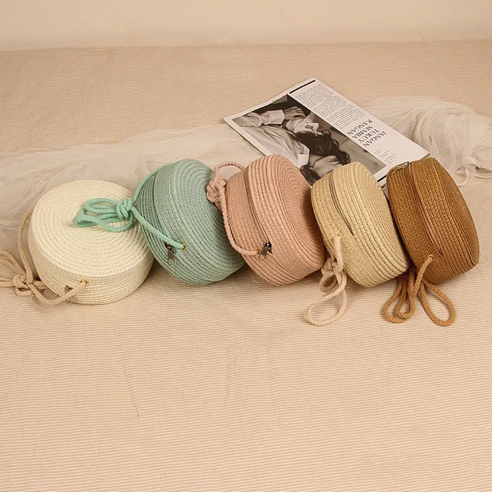 Round Straw Bag Women Woven Beach Crossbody Bag for Ladies Cute Shoulder Rattan Handmade Knitted Candy Color Small Handbag