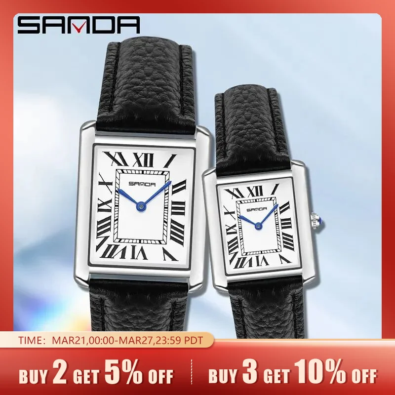 SANDA Couple Watch 30M Waterproof Casual Fashion Women Men Quartz Watches Wear Resistant Leather Strap Square Dial Design Reloj