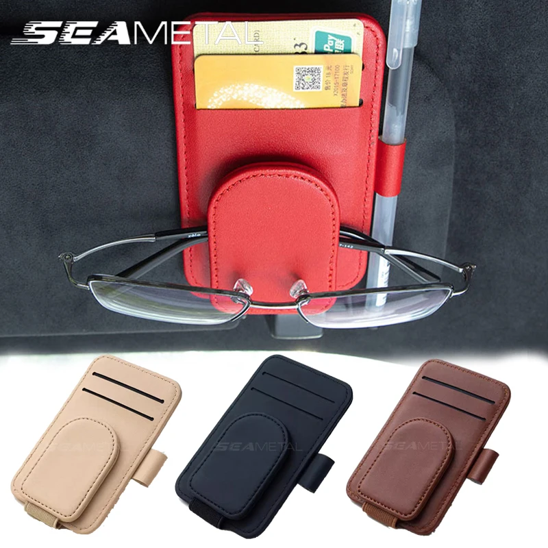 SEAMETAL Pu Leather Car Sun Visor Glasses Holder Glasses Bracket Auto Sun Visor Plate Sunglasses Case Card Pen Holder Accessorie