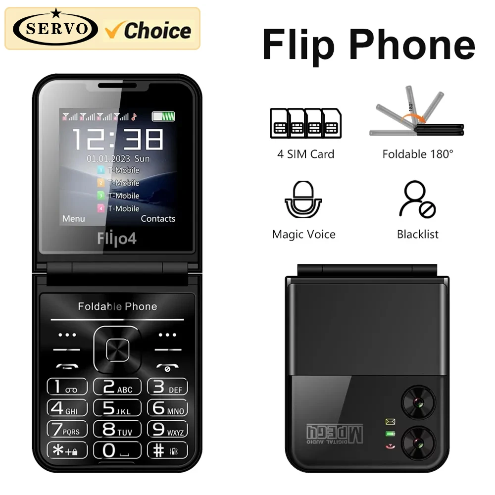 SERVO 4 SIM Cards Flip Mobile Phone Magic Voice Blacklist Voice Auto Call Recorder Torch Celulares Unlocked Foldable Cellphone