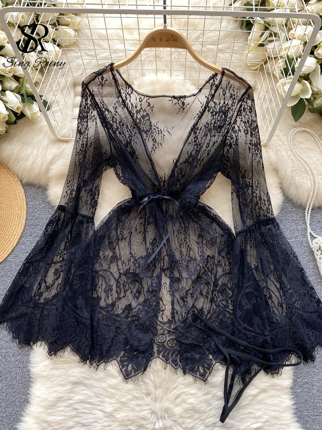 SINGREINY Senior Sheer Lace Erotic Nightgown Flare Collar Lace Up Nightwear+Thongs Women Transparent Porn Lingerie Sexy Pajamas