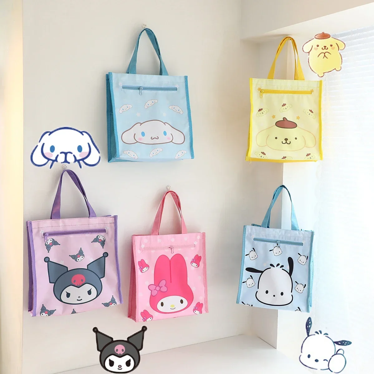 Sanrios Cinnamorolls Kuromis My Melodys Cartoon Water Proof Tuition Kawaii Anime Double-layer Tote Bag Art Pack Shopping Bags