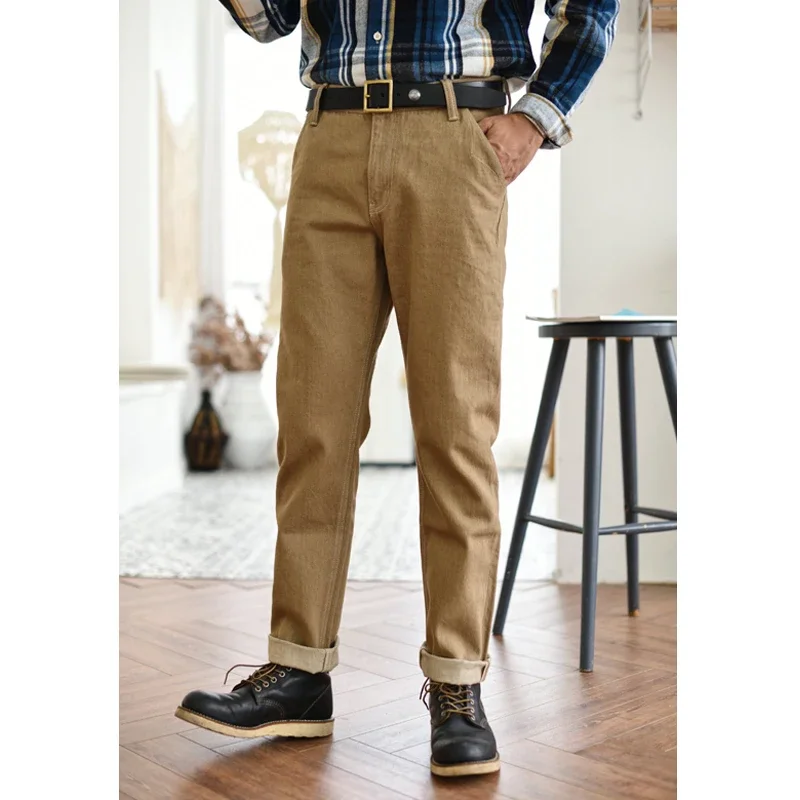 Saucezhan jeans men Selvedge denim jeans vulcanization Khaki jeans pants Autumn and winter cargo pants men  Zipper Fly Casual