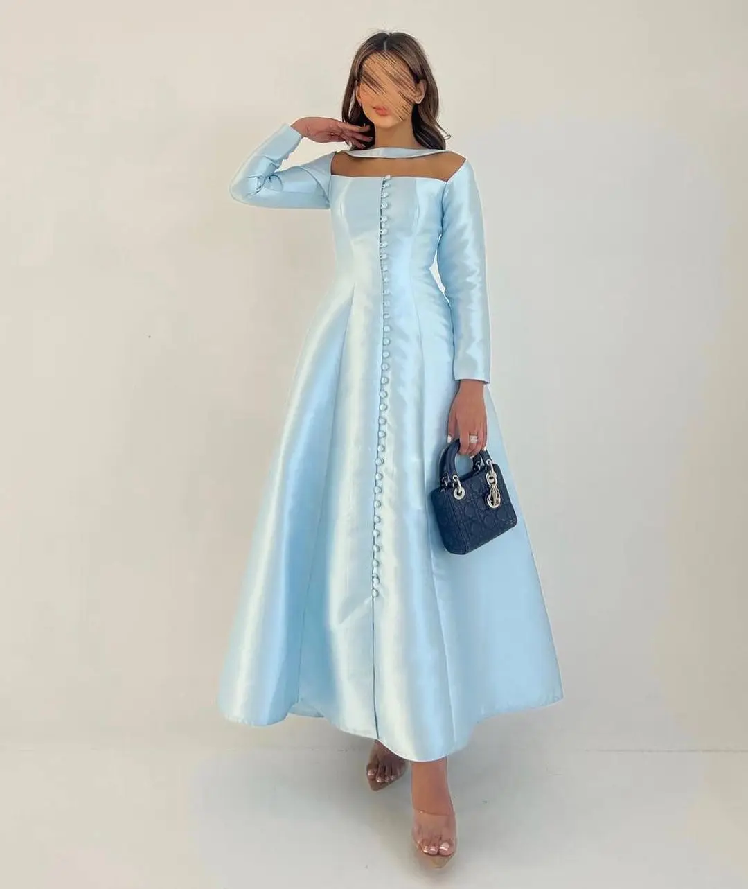 Saudi Arabia Long Sleeves Satin Prom Dresses A-Line Buttons Ankle-Length Modern Evening Dresses Formal Occasion Party Gowns