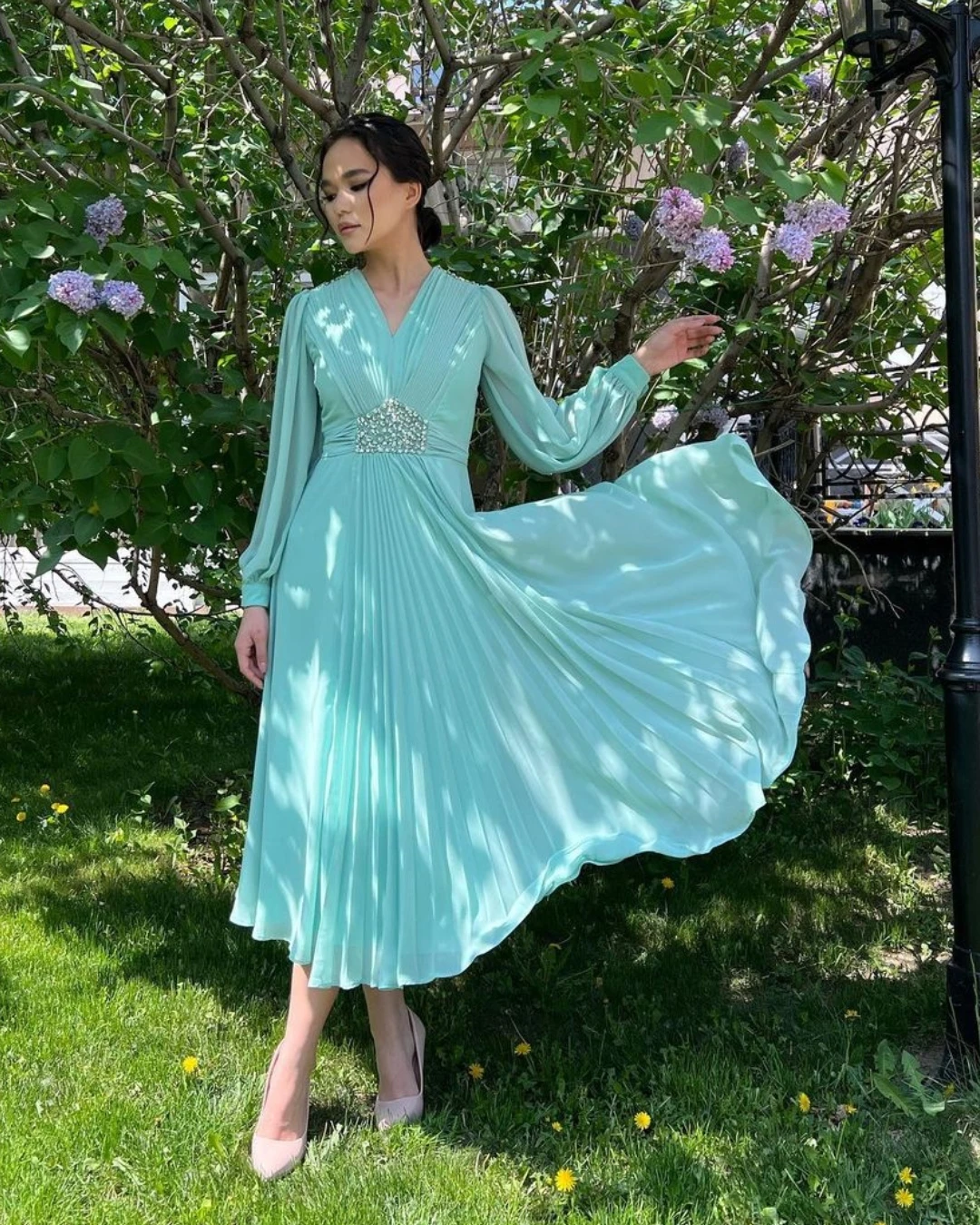 Saudi Arabia Prom Dresses Mint Green V-Neck Beads Evening Dresses Long Sleeves A-Line Pleat  Formal Occasion Dresses Party Gowns