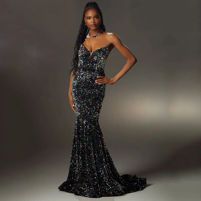 Sequined Sparkly Long Evening Dress Bling Mermaid Strapless V Neck Sweep Train Formal Party Prom Gowns Special Occasion