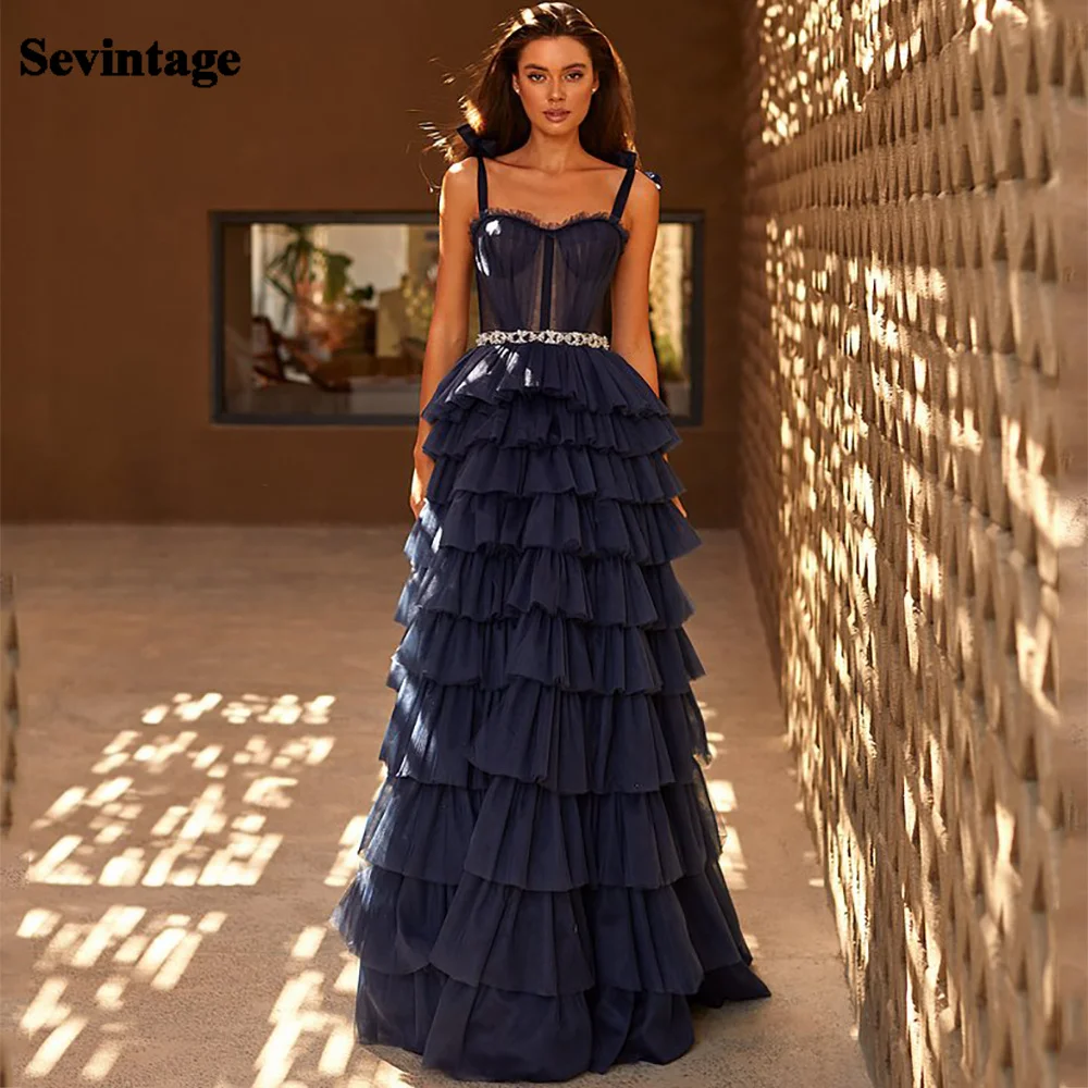 Sevintage Modern Tulle Ruffles Evening Dress Spaghetti Straps A Line Prom Dresses Party Gown Custom Special Occasion Dresses