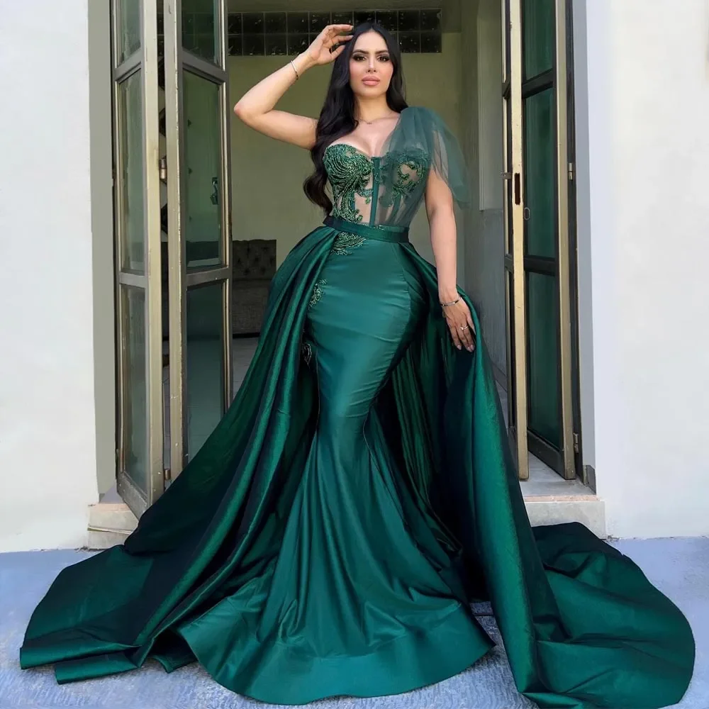 Sexy Green Mermaid Prom Dresses With Detachable Train Beaded Evening Gowns Sweetheart Neck Satin Special Occasion Formal Wear