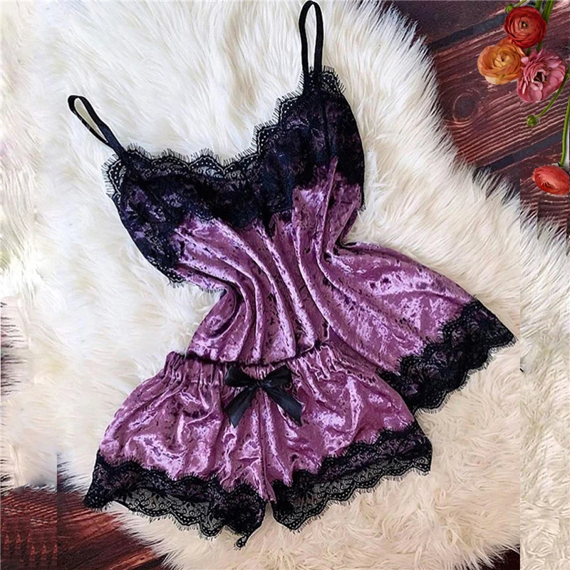 Sexy Lingerie Women Sleep Wear Camisole Bow Shorts V-Neck Tops Velvet Pajamas Sleepwear Hot