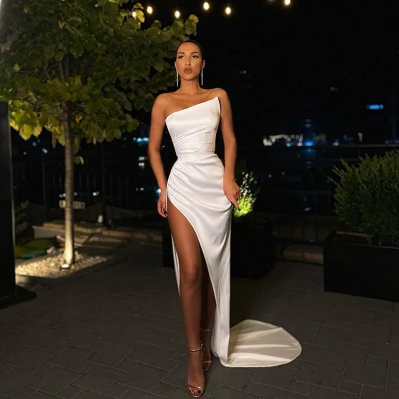 Sexy Prom Dresses With High Split Satin Sleeveless White Evening Gown For Special Occasion Party Formal Robes De Soirée Custom