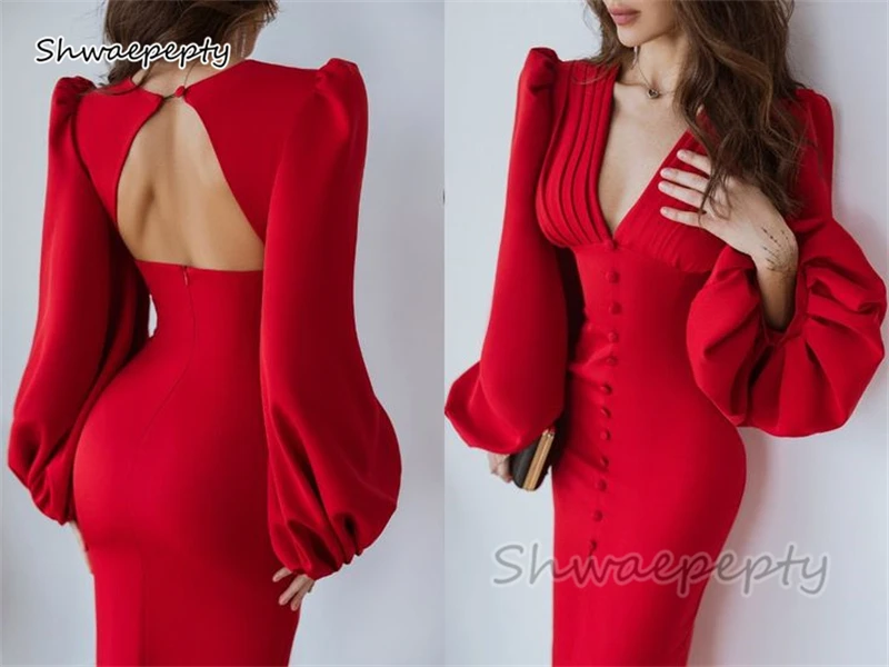 Sexy V-Neck Sheath Prom Dresses Long Sleeves Backless Slim Fit Front Split Simple Satin Special Occasion Gowns Women Party Dress