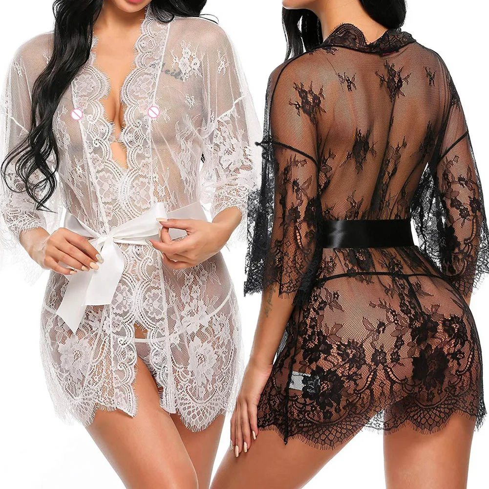 Sexy Women Lingerie Lace Night Dress Sleepwear Nightgown Bandage Deep V G-String See Through Sexy Sheer Sleep Dress Robe 2022