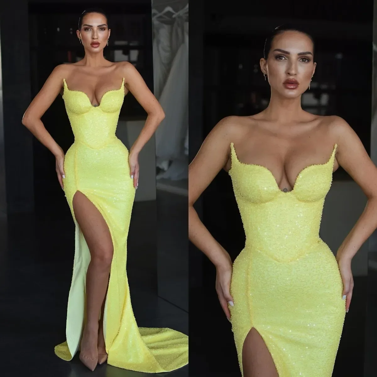 Sexy Yellow Mermaid Prom Dresses Sequins Sweetheart Evening Dress Split Formal Long Special Occasion Party Gowns فساتين الحفلات