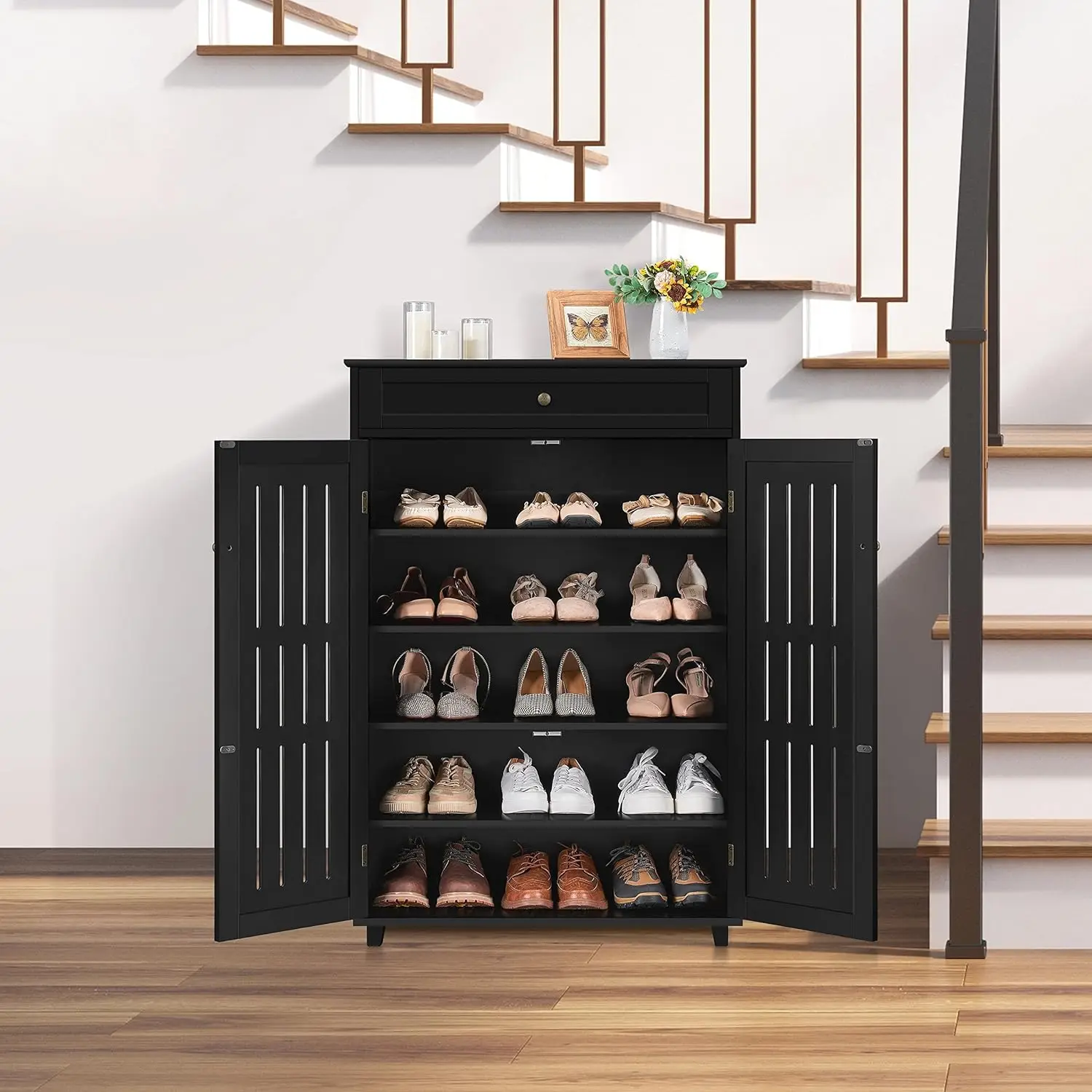 Shoe Cabinet, 5-Tier Shoe Rack Organizer with 1 Drawer, Freestanding Wooden Shoe Storage Cabinet with 2 Louvered Door