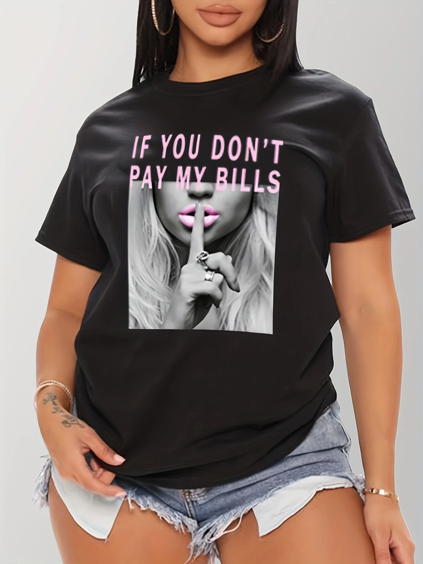 Shut Up Print T-Shirt, Short Sleeve Crew Neck Casual Top For Summer & Spring, Women’s Clothing