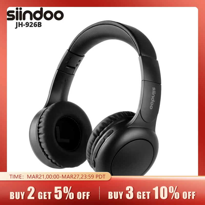 Siindoo JH-926B Wireless Bluetooth Headphones Over Ear Foldable Lightweight Headset with Mic 3 EQ Modes for Kids Teenager