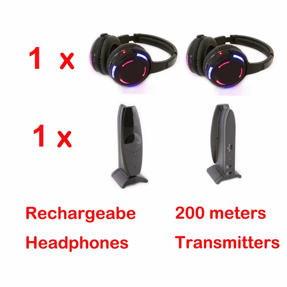 Silent Disco RF Wireless Headphones Packing with 200m Distance Transmitter – 3 Channel Rechargeable With Flashing LED Lights