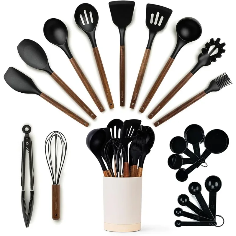 Silicone Kitchen Utensils Set & Holder:Kitchen Essentials for New Home & 1st Apartment- Silicone Spatula Set