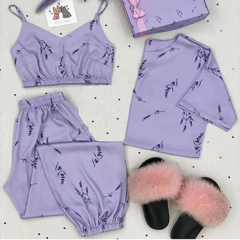 Silk Satin Pajamas Set Women Short Top&Long Pants Sleepwear Sexy Nightwear Pijama V-neck Homewear Loungewear 3pcs-set NO Slipper