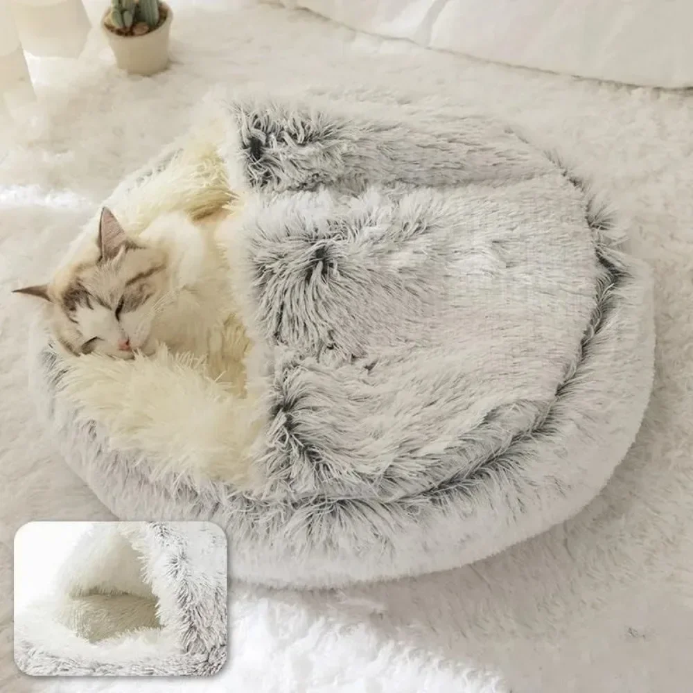 Small Cat Sleep Bag Plush Soft Round Bed Comfortable Warm Winter Round Semi Enclosed Dog Nest Long Plush for Dogs Pet Cat Bed