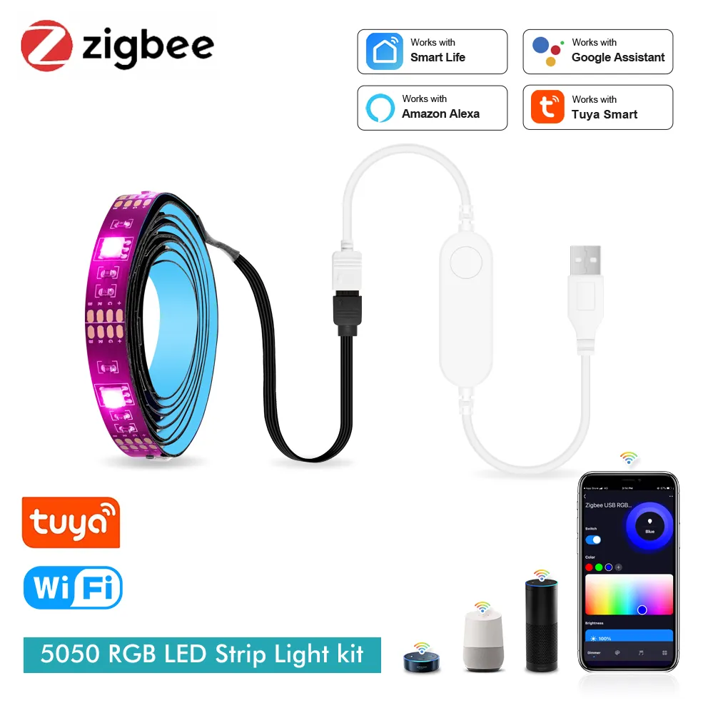 Smart Zigbee USB Led Lights Tuya Wifi RGB led Strip DC5V 5050 Smart Led TV Back Lighting Wok With  Alexa Google Home