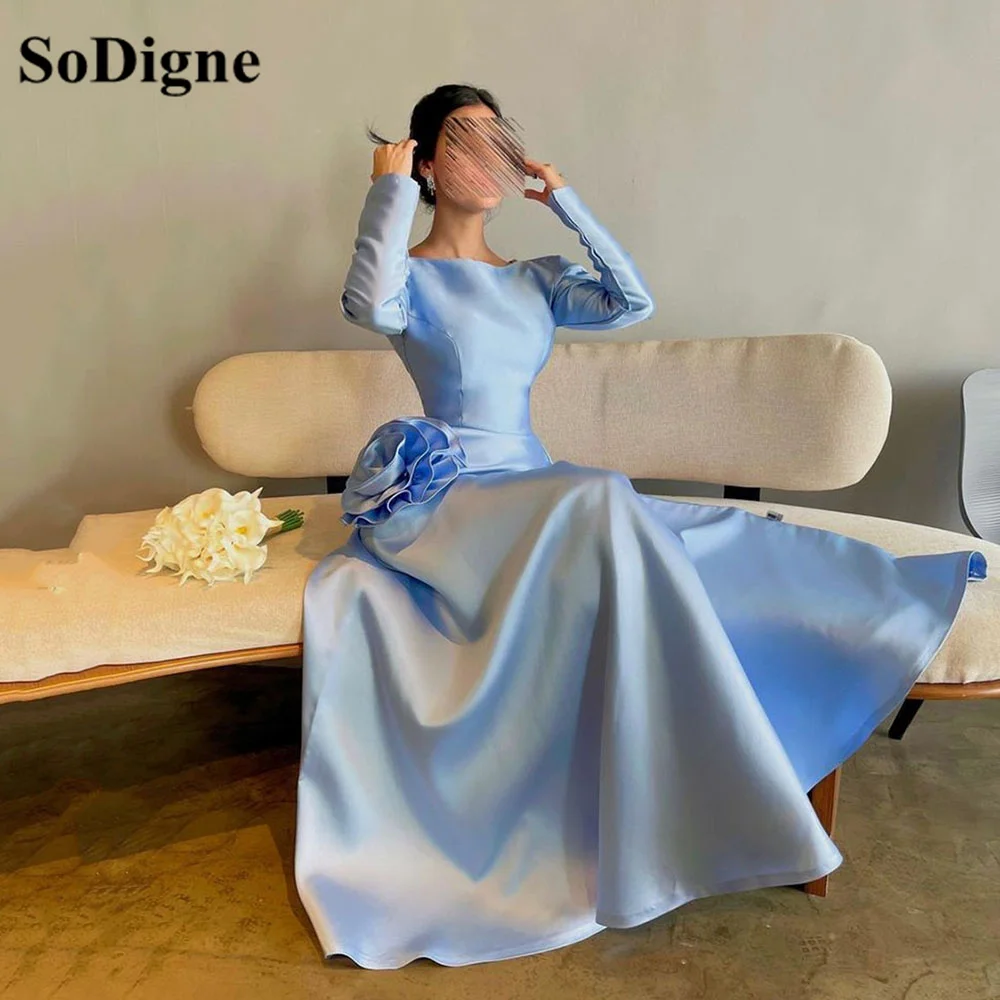 SoDigne Blue Modest Prom Dresses Saudi Arabia Long Sleeves Satin Formal Evening Dress Backless 3D Flower Occasion Party Evens