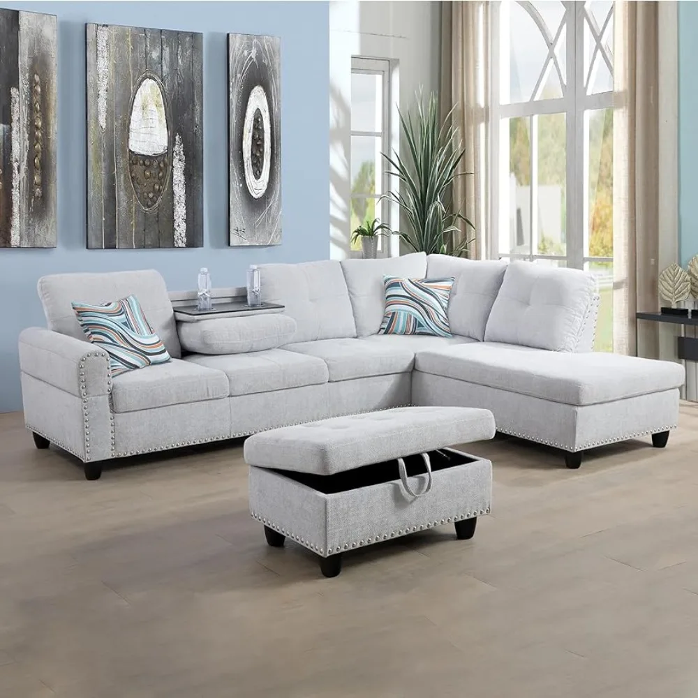 Sofa 3-piece Modular Set, with 2 Cup Holders, L-Shaped Lounge and Storage Footstool, Small Space Apartment Sofas