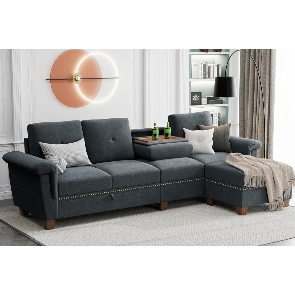 Sofa L-shaped Sofa with Storage, 4-seater Reversible, Living Room Furniture Set with Cup Holder, Convertible Profile Sofa