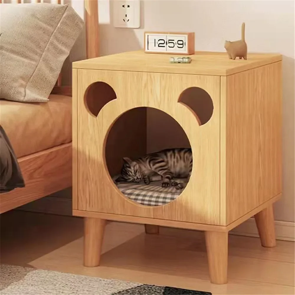 Solid Wood Creative Nightstand with Cat Nest Bed Side Table for Bedroom Furniture Space Saving