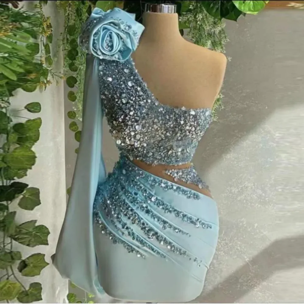 Sparkly Light Sky Blue Short Prom Dresses Sexy One Shoulder Sequines Beaded Glitter Cocktail Party Gowns Special Occasion Wear