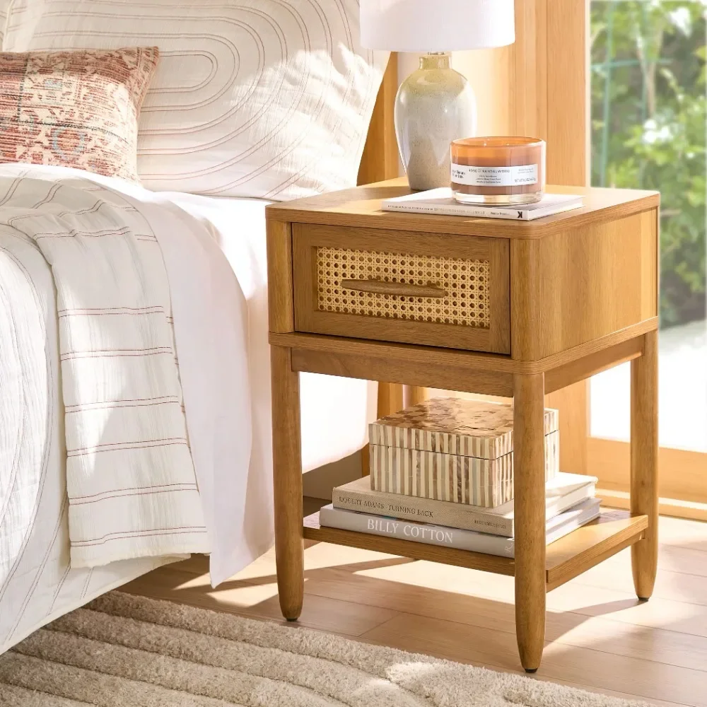 Springwood Caning Nightstand Hand Bag Light Honey Finish Bedside Table D’appoint Living Room Cabinet Mesa Lateral Home Furniture